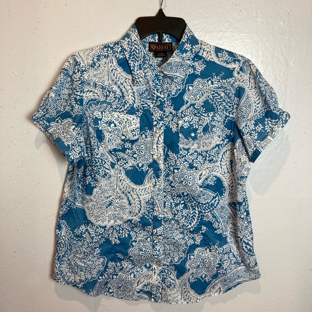 Ariat Womens Pearl Snap Shirt Size L Teal Blue White Paisley Western Cowgirl